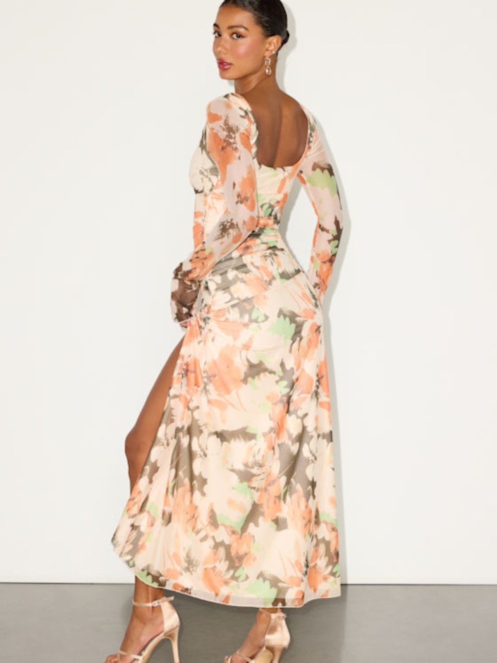 Lulus Catlin Cream Multi Floral Mesh Long Sleeve Maxi Dress White - Size S